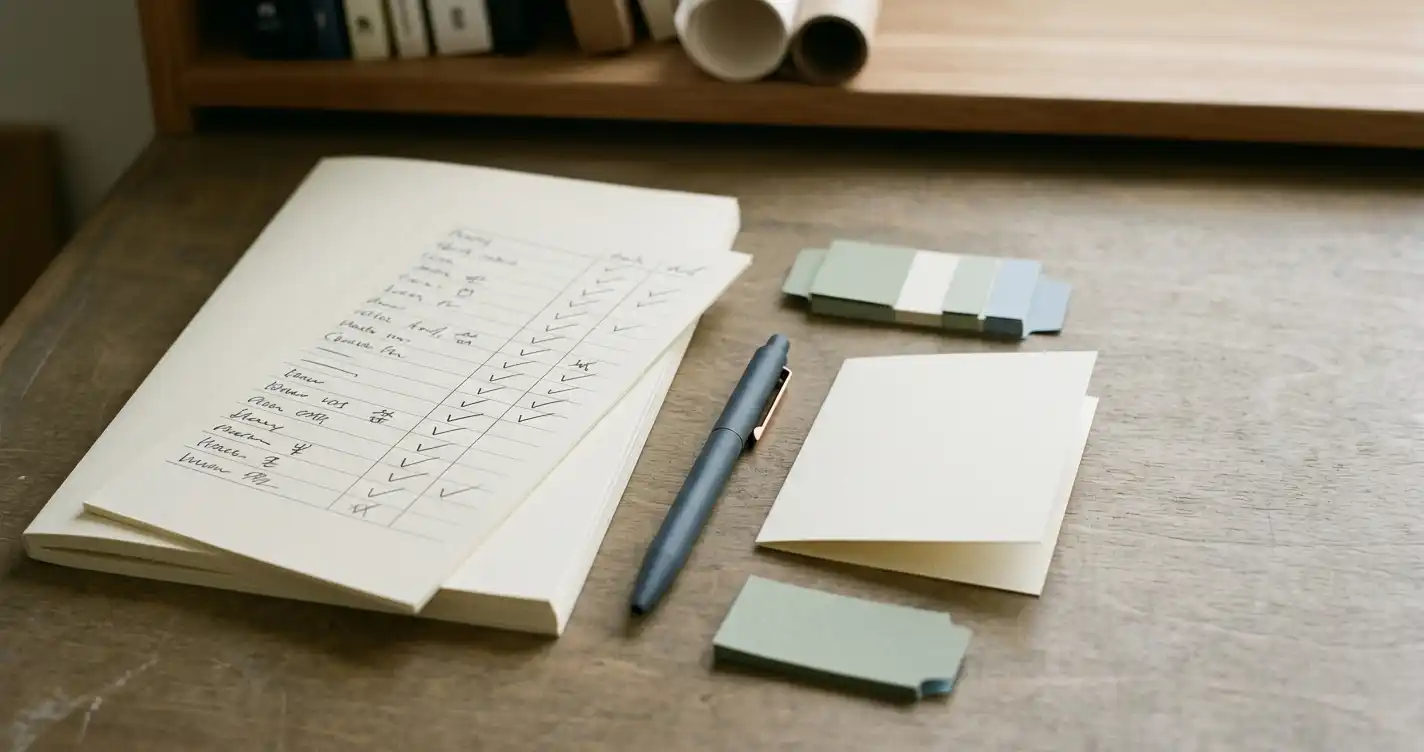 Unbranded notes about promotion conditions beside a notebook