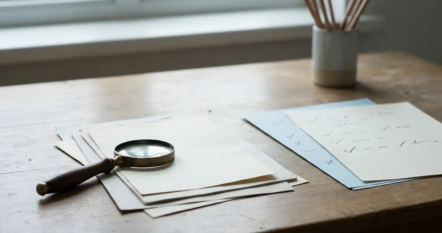 Magnifying glass and unmarked documents representing customer reviews and brand identity