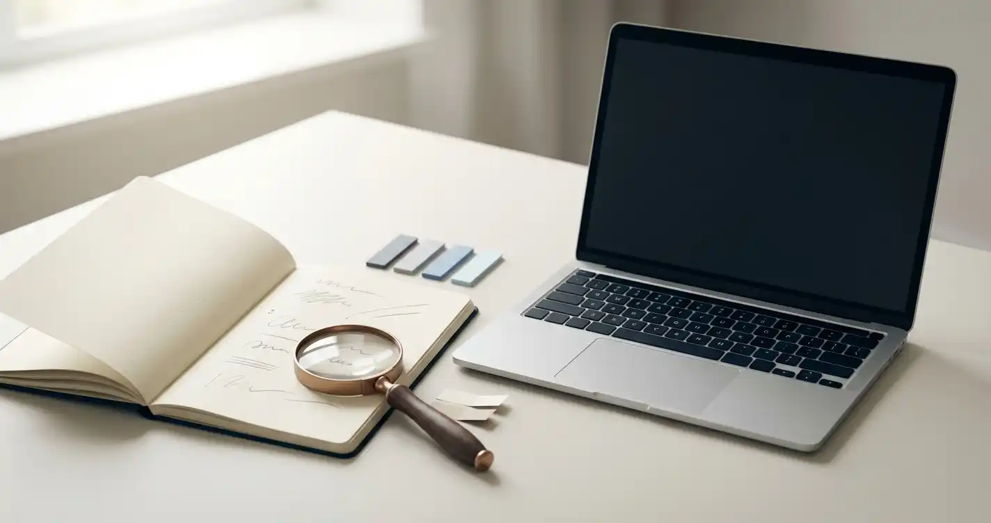 A plain notebook beside a laptop with a blank page